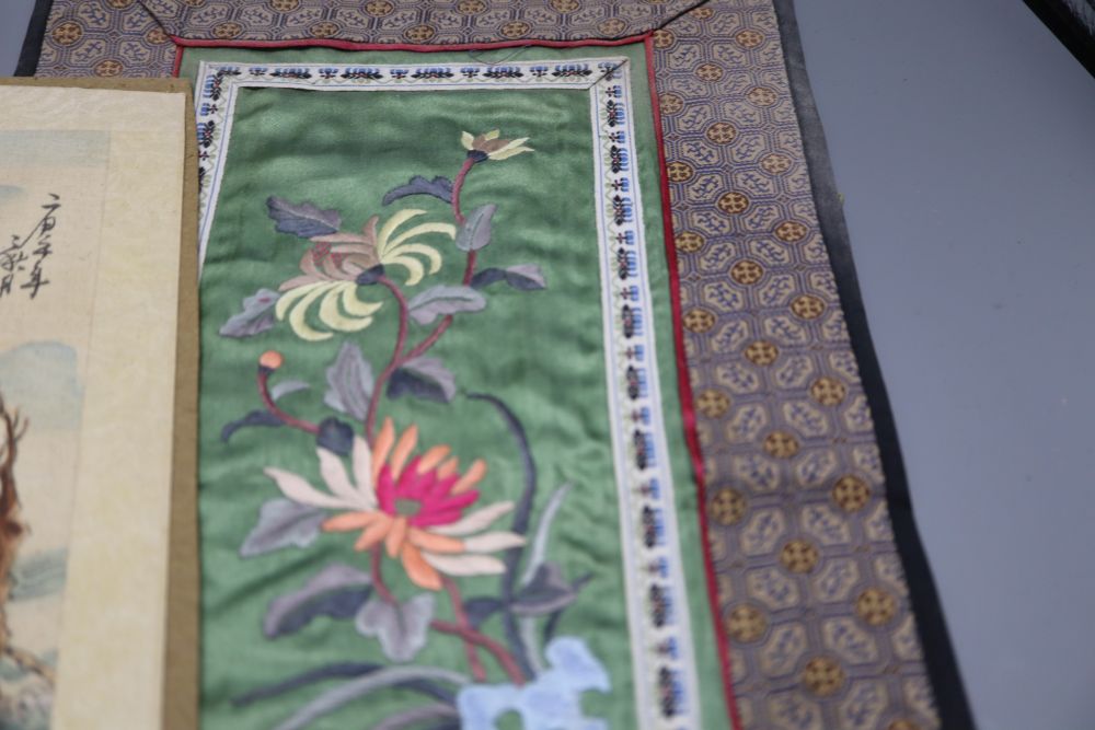 Two Chinese embroidered panels, a Persian painting and a Chinese picture